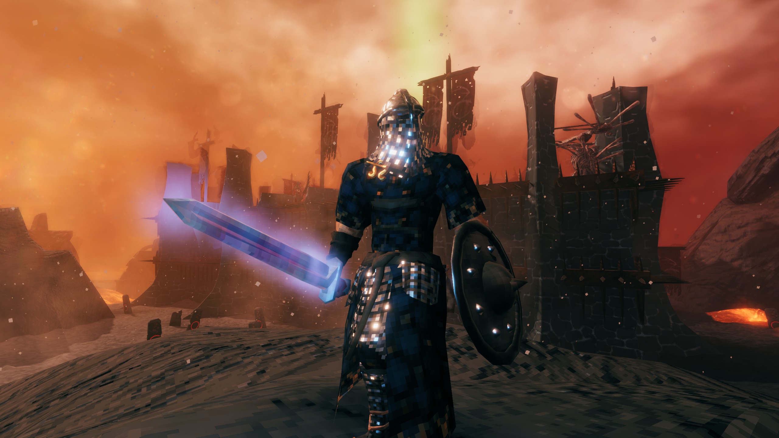 Viking holding glowing sword in front of castle