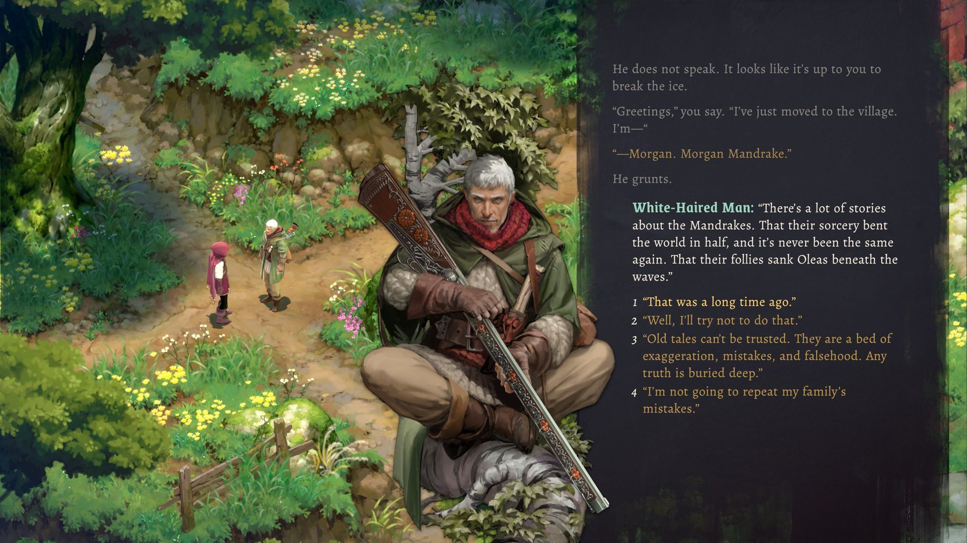 The player talks to a white-haired man holding a long, ornate rifle