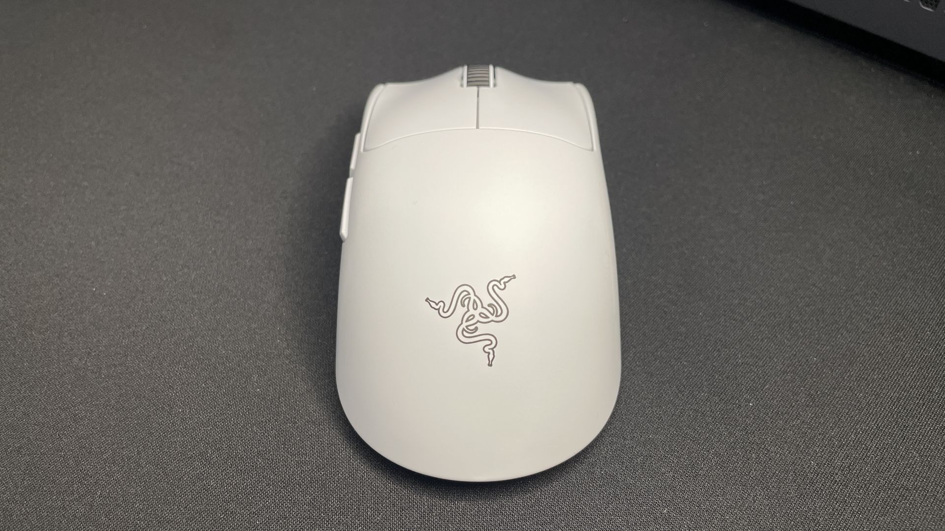 A white Razer Viper V4 Pro gaming mouse