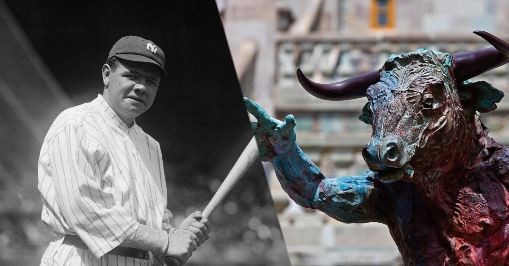 Yankees' baseball champion, Babe Ruth, preparing to bat at the opening game at the Polo Grounds, New York, on April 22, 1920; Statue of Minotaur in front of the University of Guanajuato.