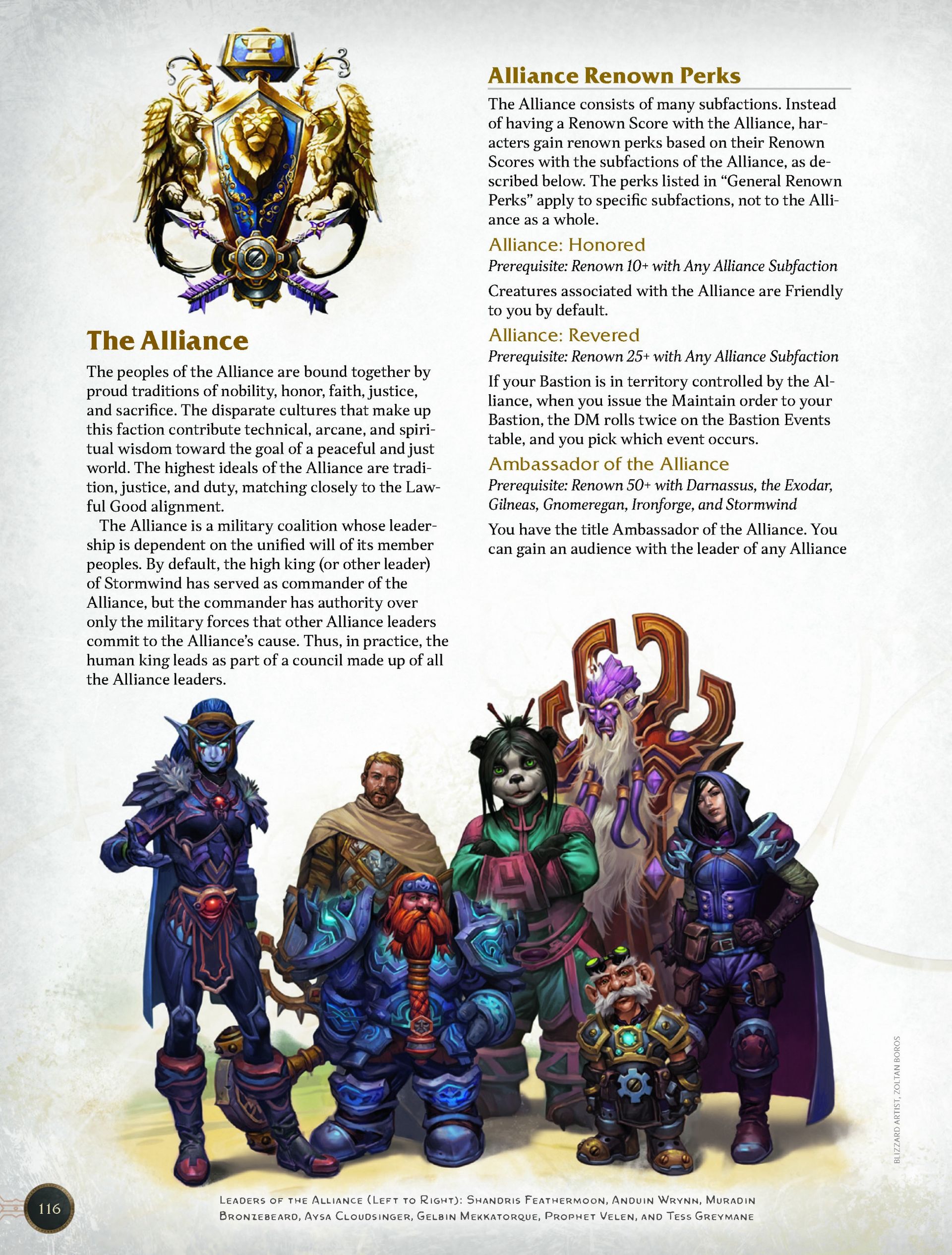 A page from Dungeons & Dragons: World of Warcraft. A description of the Alliance faction with art of major characters below it.