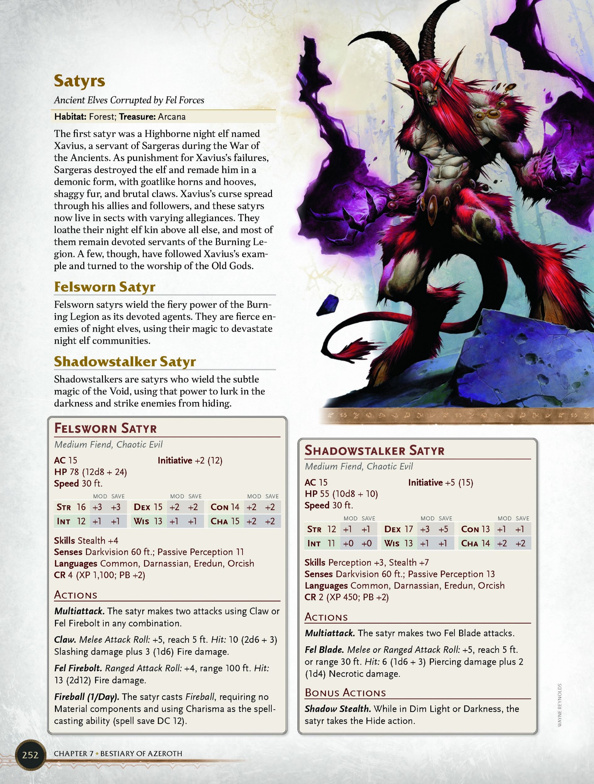A page from Dungeons & Dragons: World of Warcraft. A detailed breakdown of the Satyr enemies and their abilities.