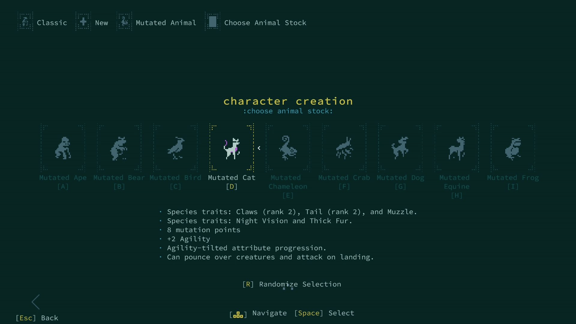 The character creation screen in Caves of Qud: Diaspora, showing the selection of potential base animal stocks that can be chosen while customizing a mutated animal character.