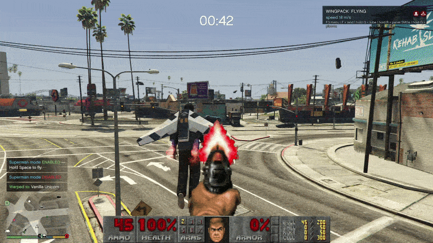 Franklin lays waste to Los Santos using his jetpack. Also the HUD of Doom 2 is on the screen.