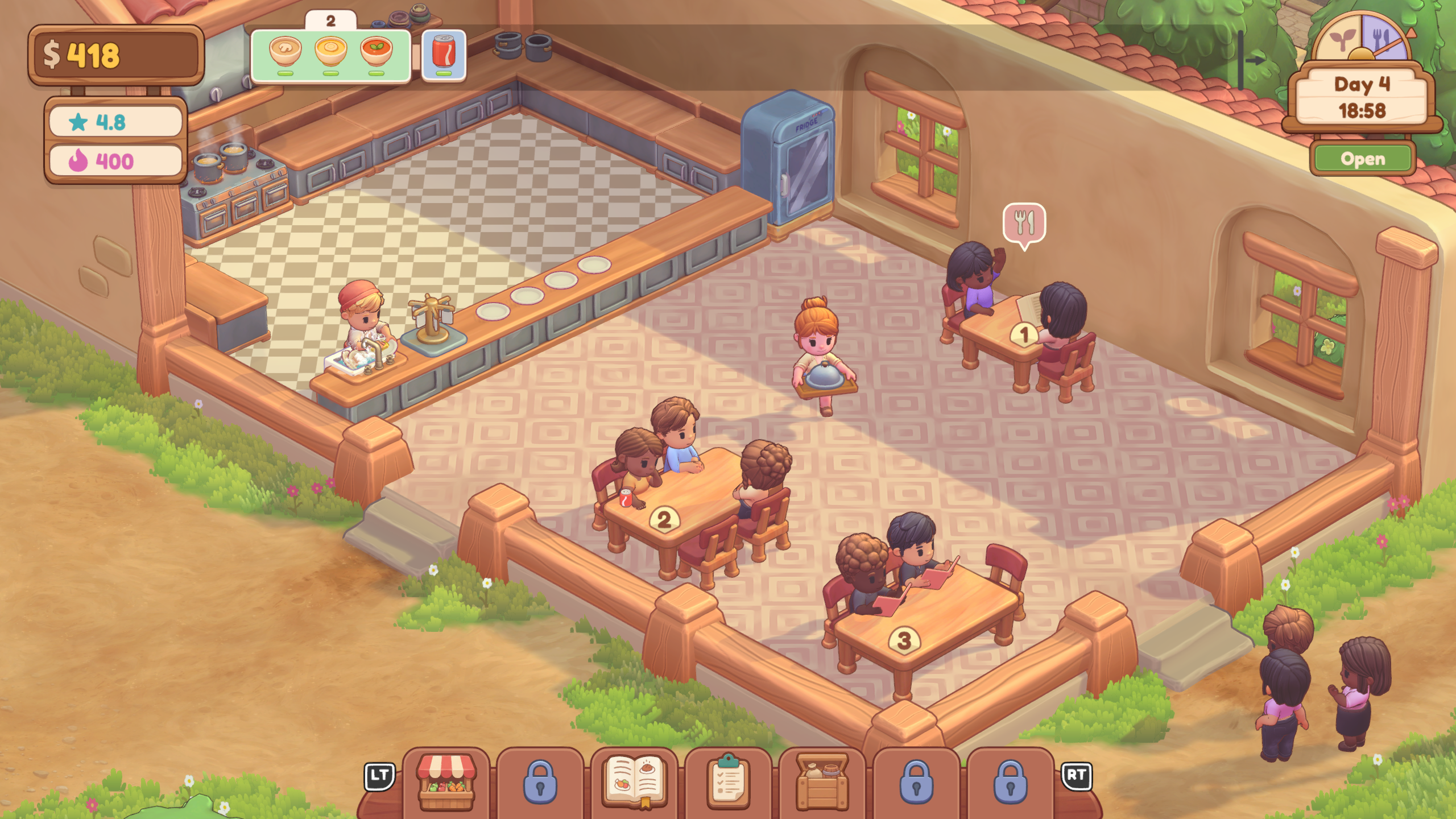 Farm & Feast - a server runs to a table with an order while another table waits to be served.