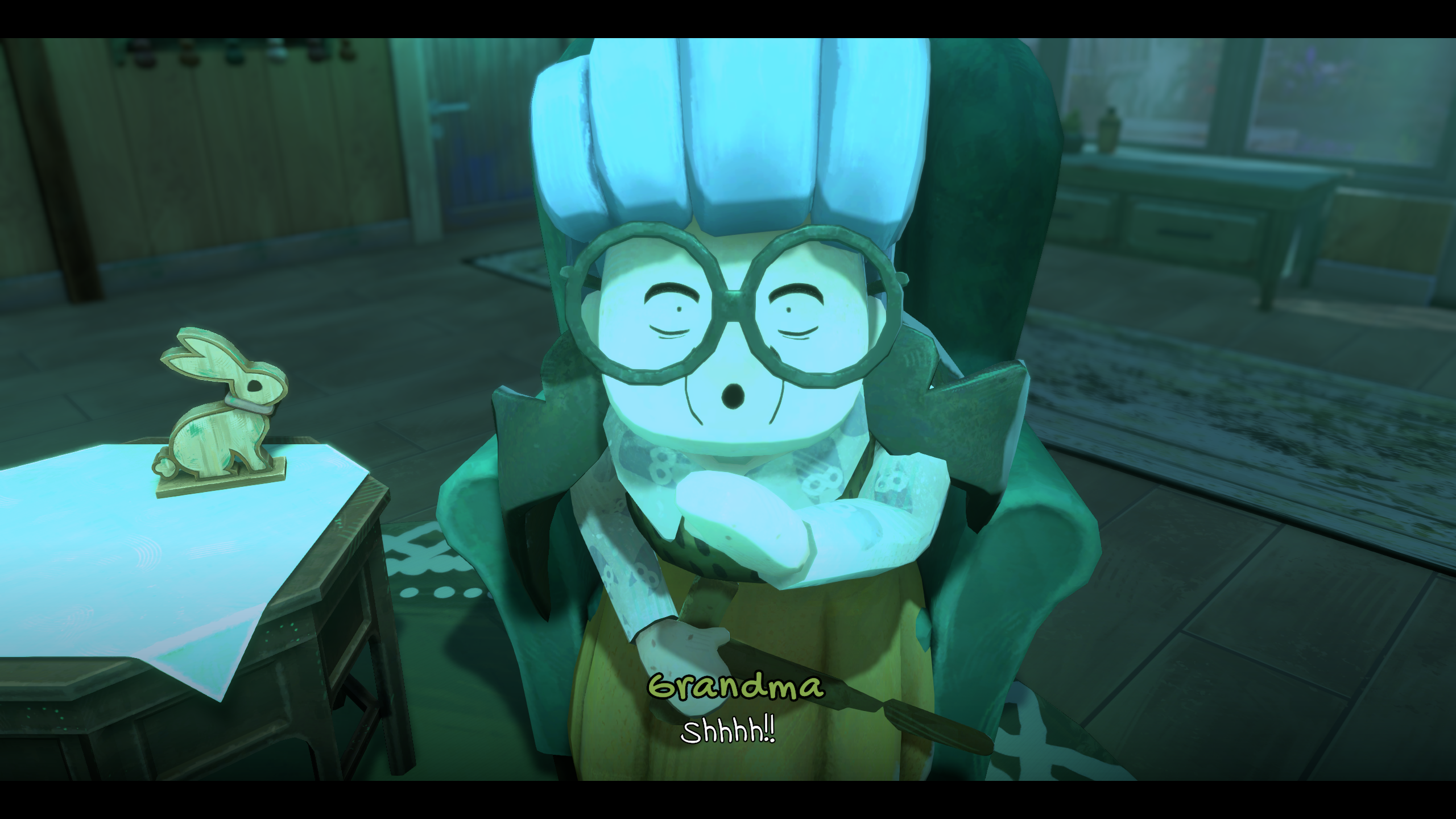 Apple Crumble - A grandmother in an unsettling green lighting with wide eyes emplores the main character