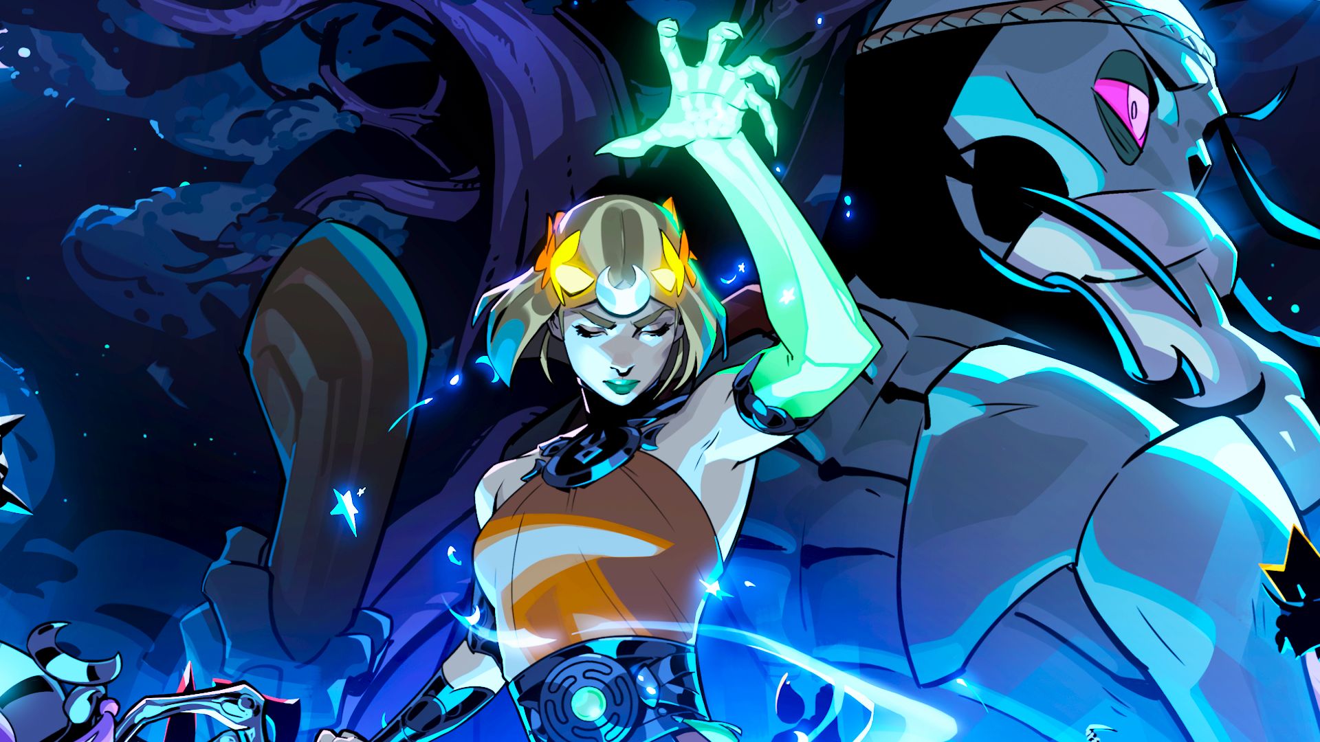 Key art of Hades 2. Melinoe raises her ghostly green arm above her head with magical stars and streaks around her. The dark violet background is split between a view of constellations and a skeleton man.
