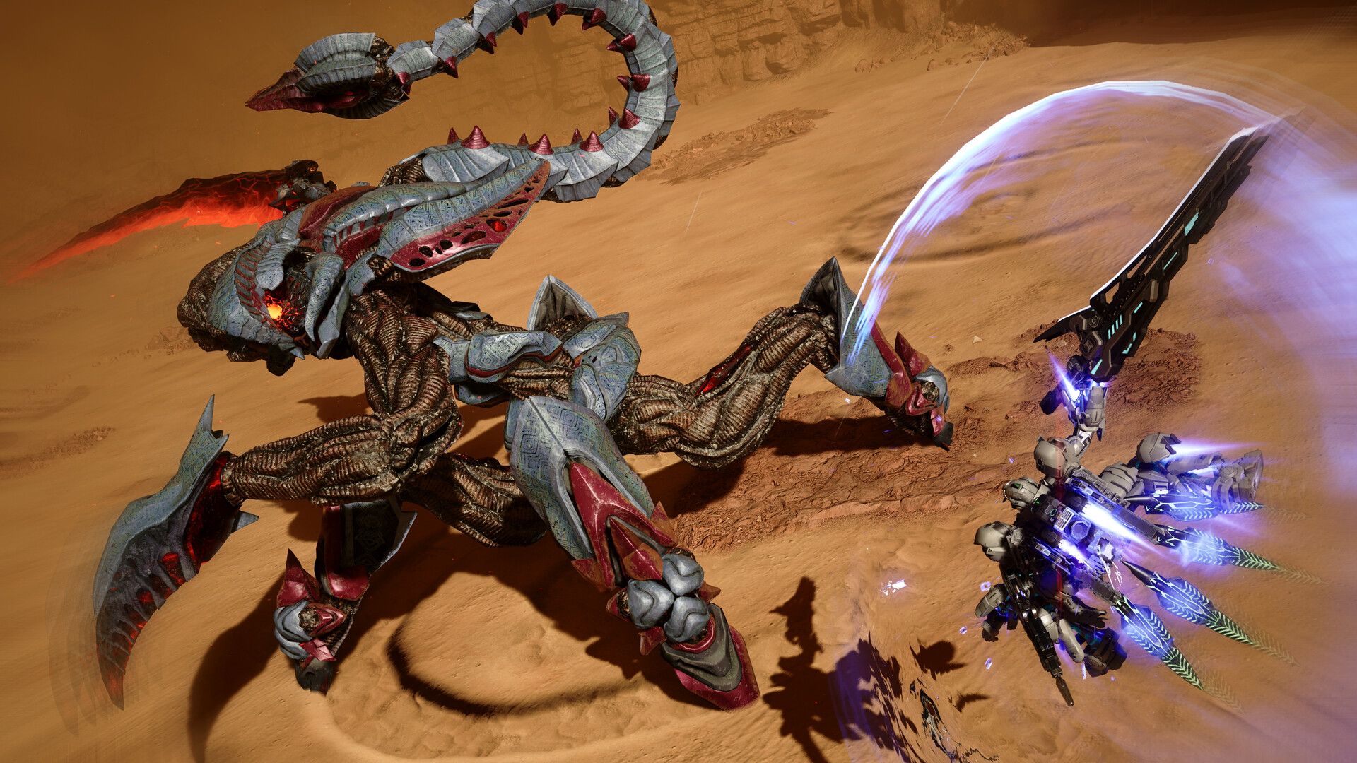 A Gundam attacking a giant scorpion-like creature in Gundam Rogue Orbit.