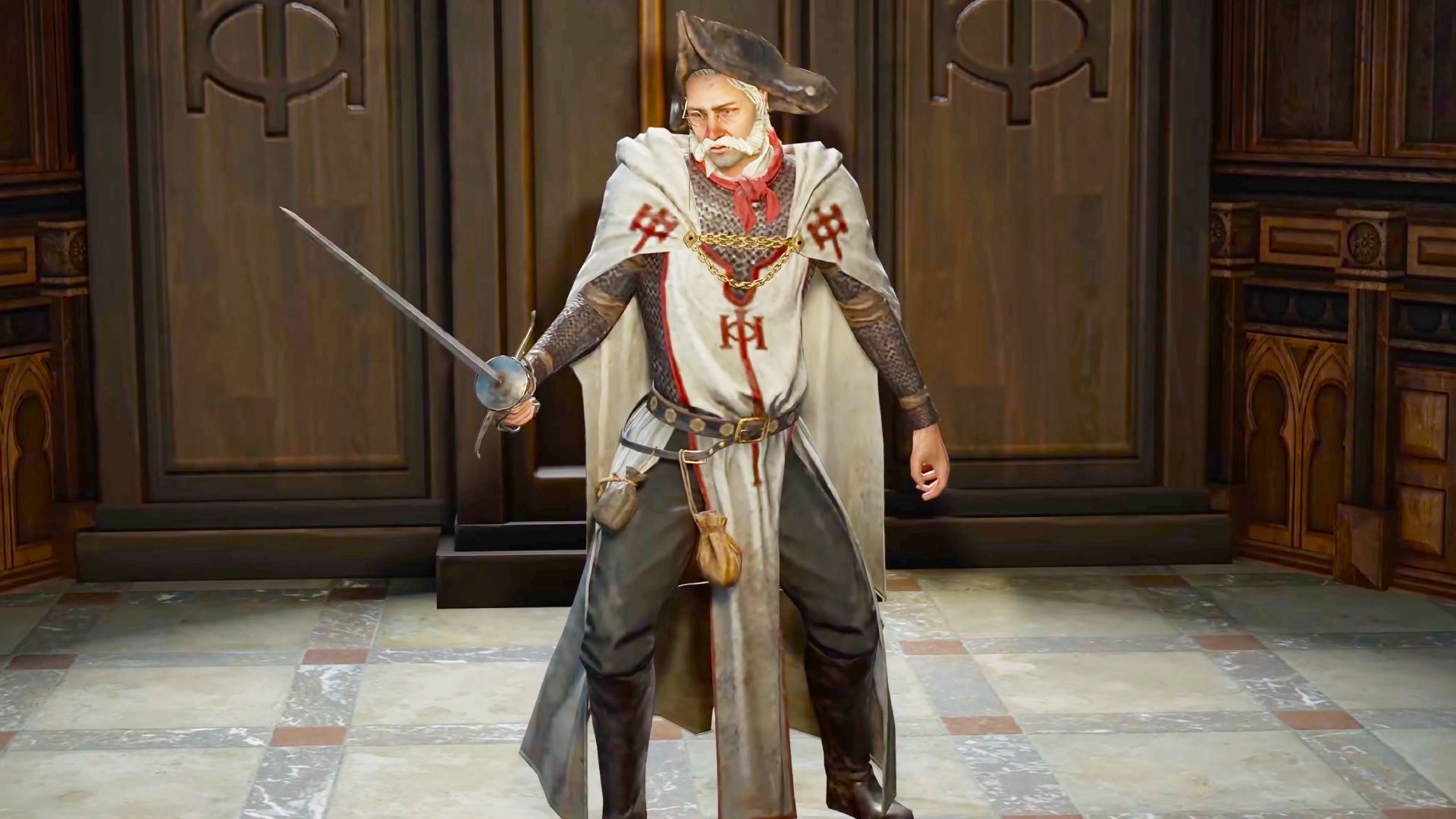 A screenshot of an NPC from Path of Exile 1. A bearded man wearing a white cape with red insignias. He's also holding a rapier.