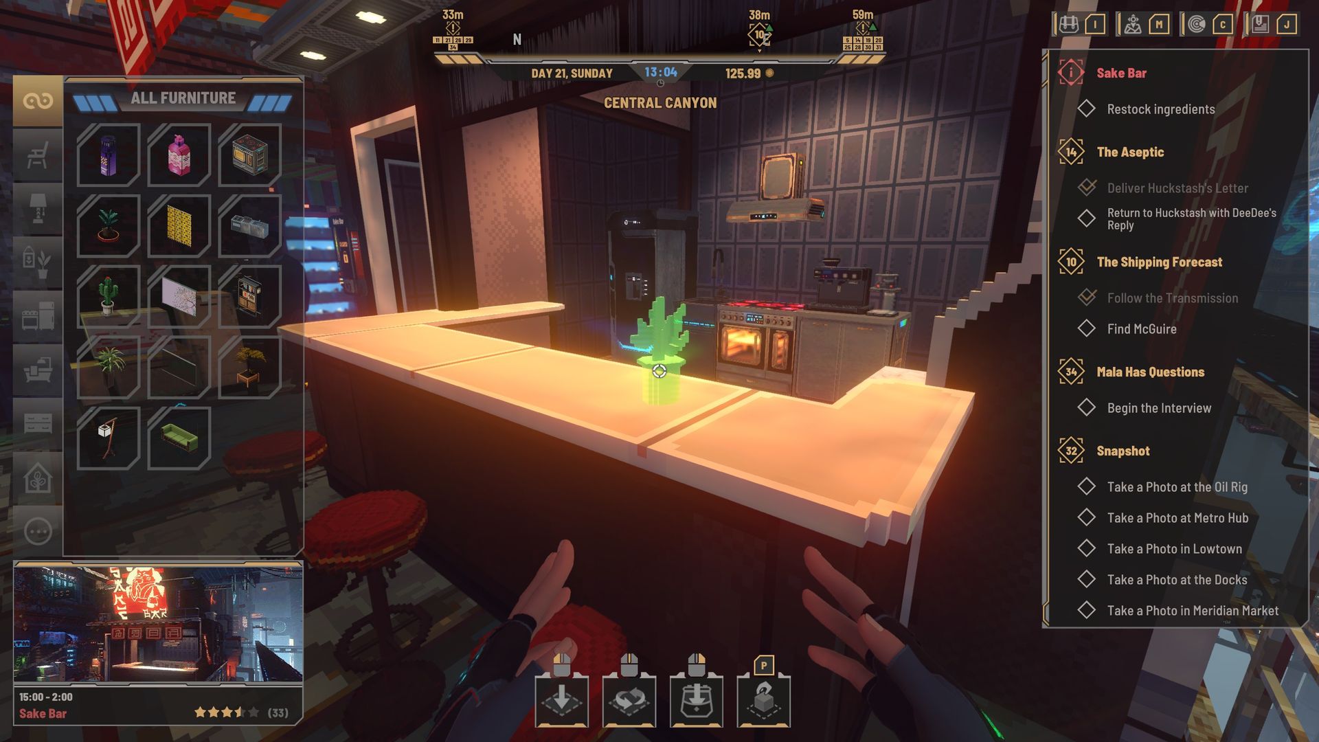 Nivalis Nights - placing a small plant on a bar counter in furniture placement mode