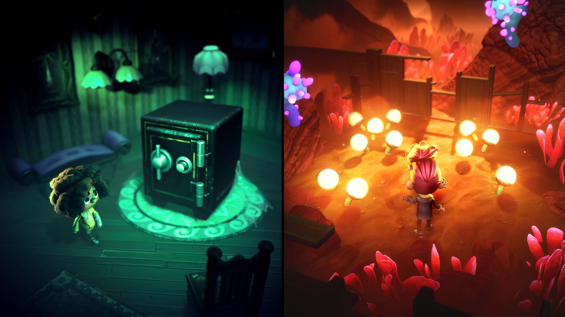 Kids solving a puzzle with a safe in splitscreen