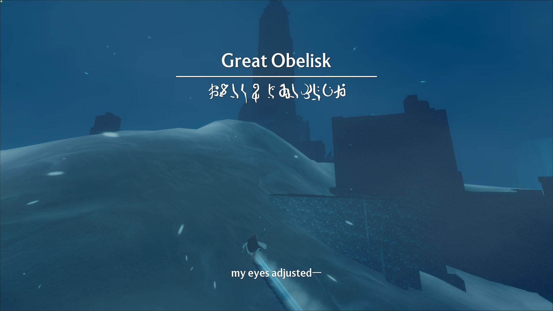 Penguin approaching ruins with location card