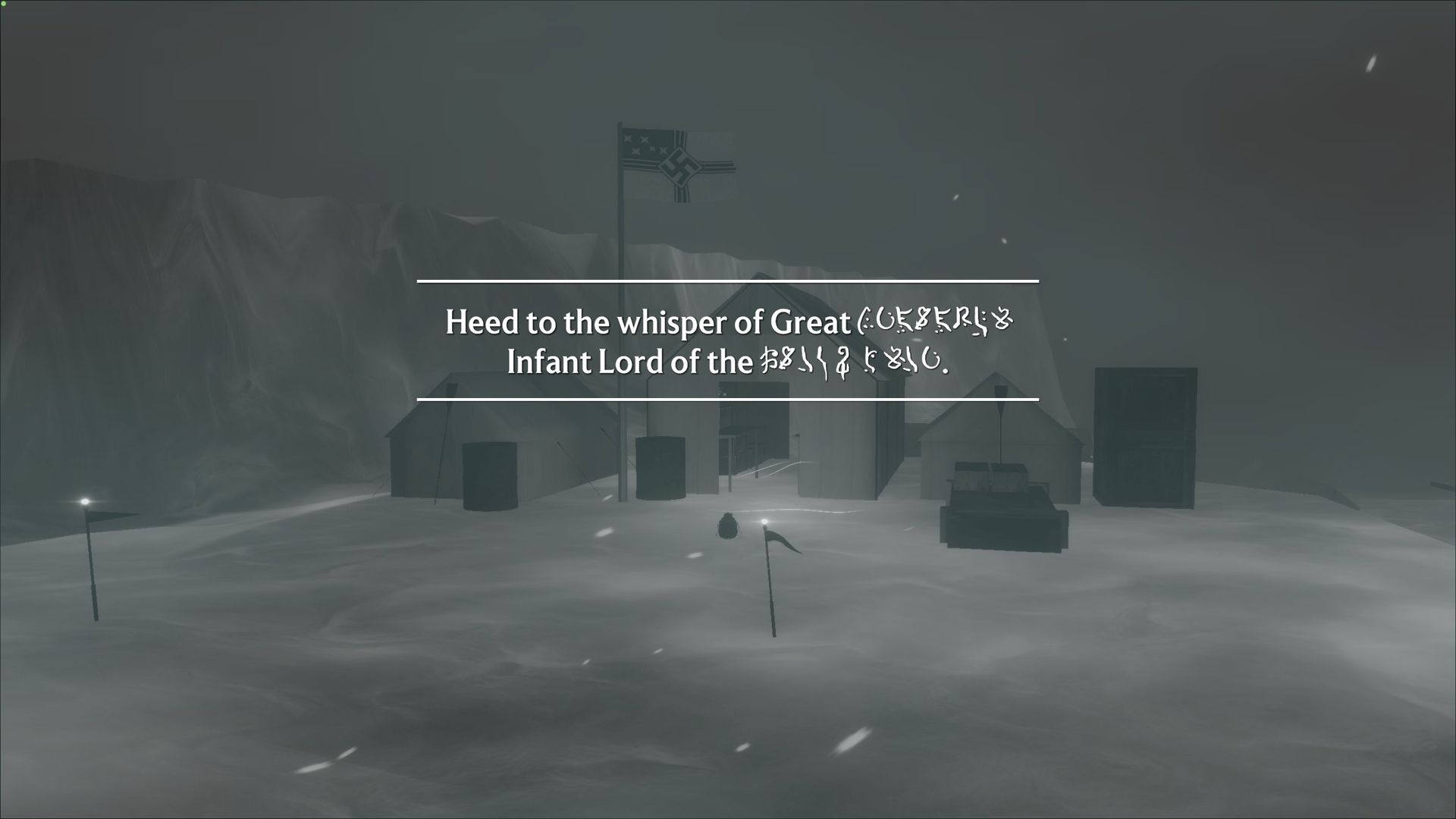 black and white view of Nazi camp with text