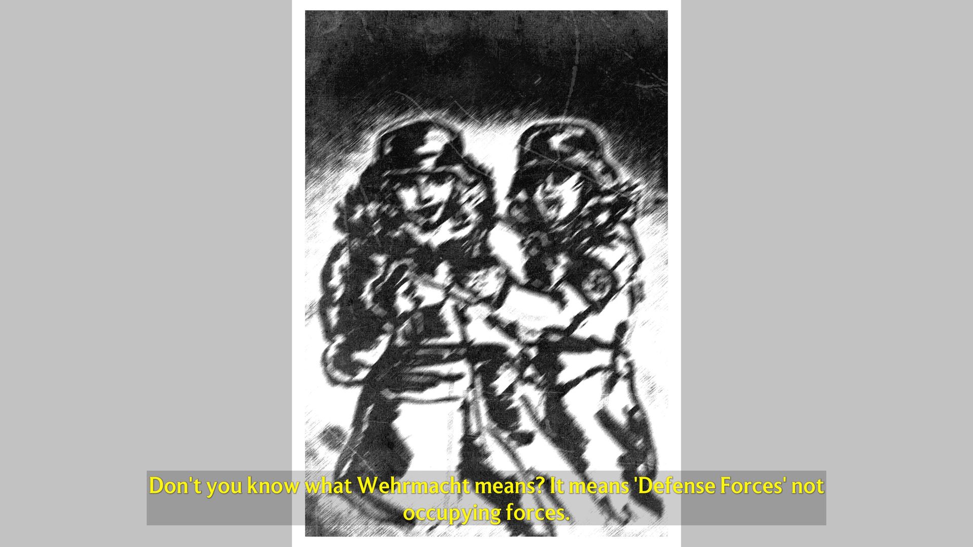 black and white drawing of two Nazi soldiers with text