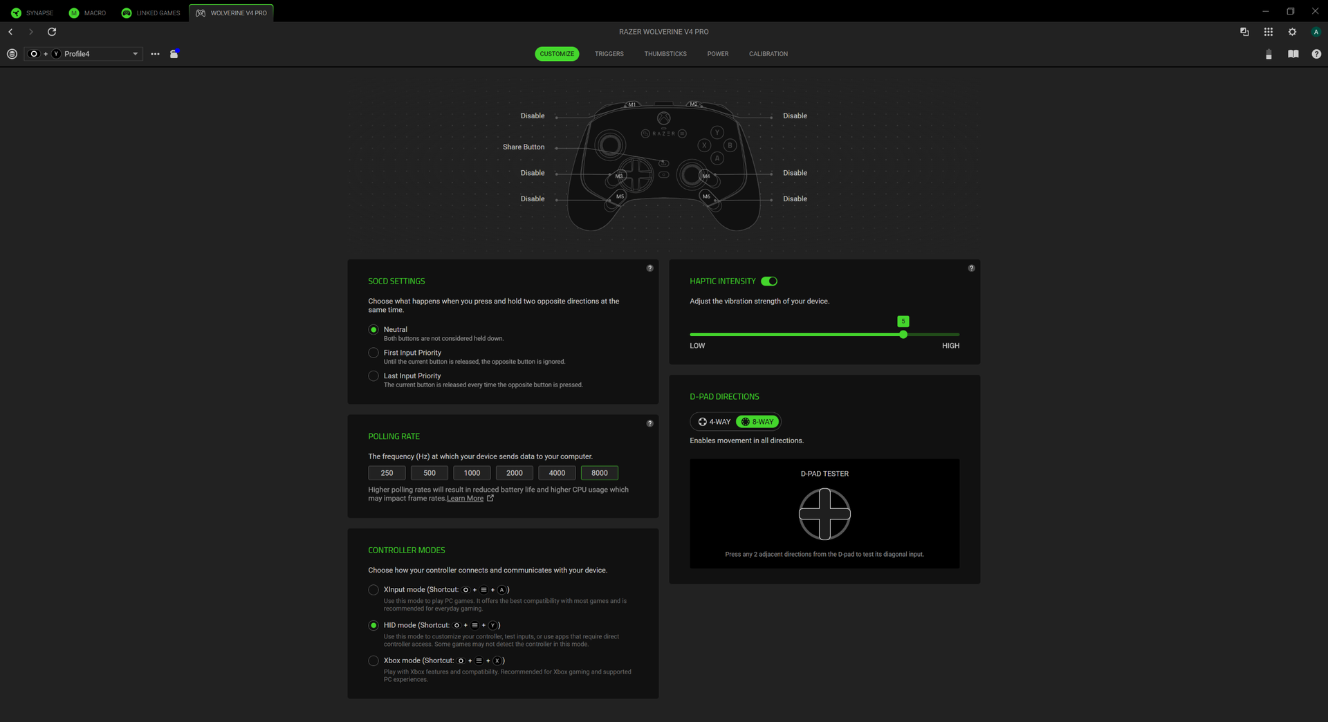 A screenshot of the Razer Synapse settings menu for the Razer Wolverine V4 Pro gaming controller