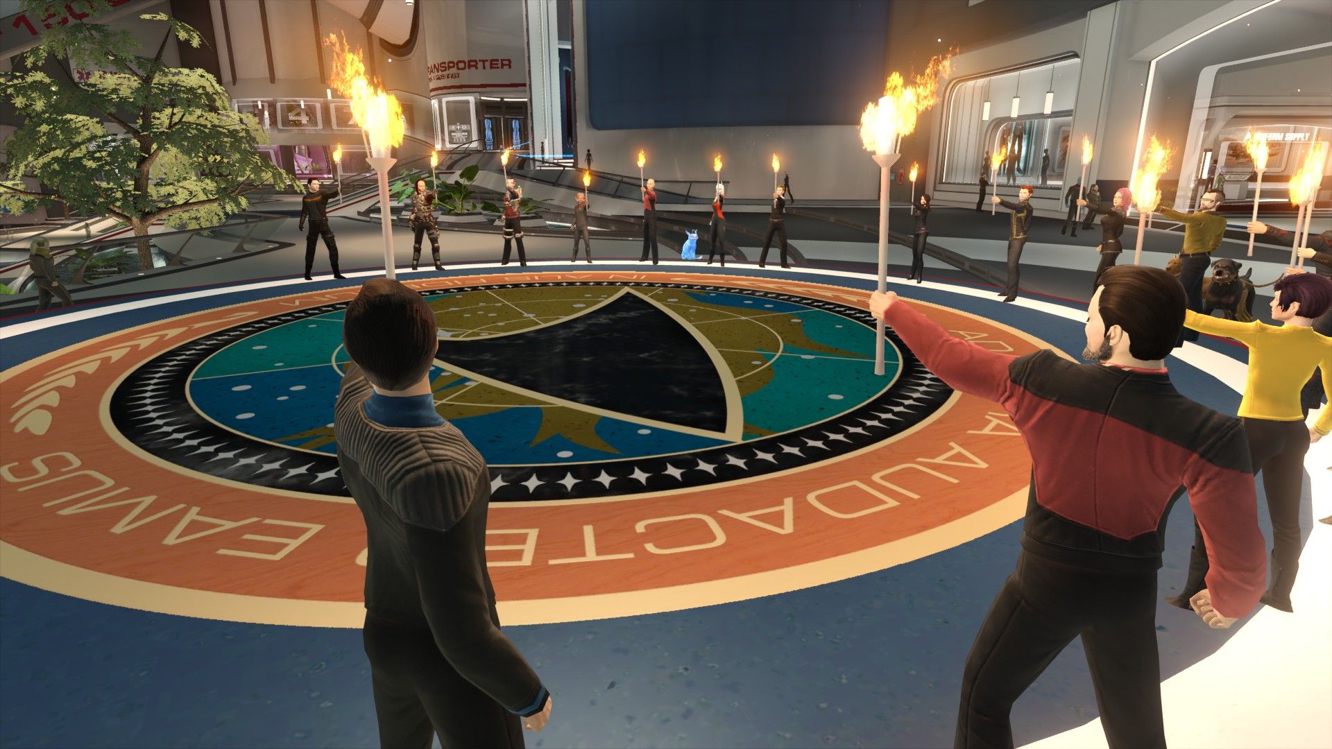 Players gathered in a torchlight vigil at the Earth Spacedock to honor Patrick Stewart in Star Trek Online