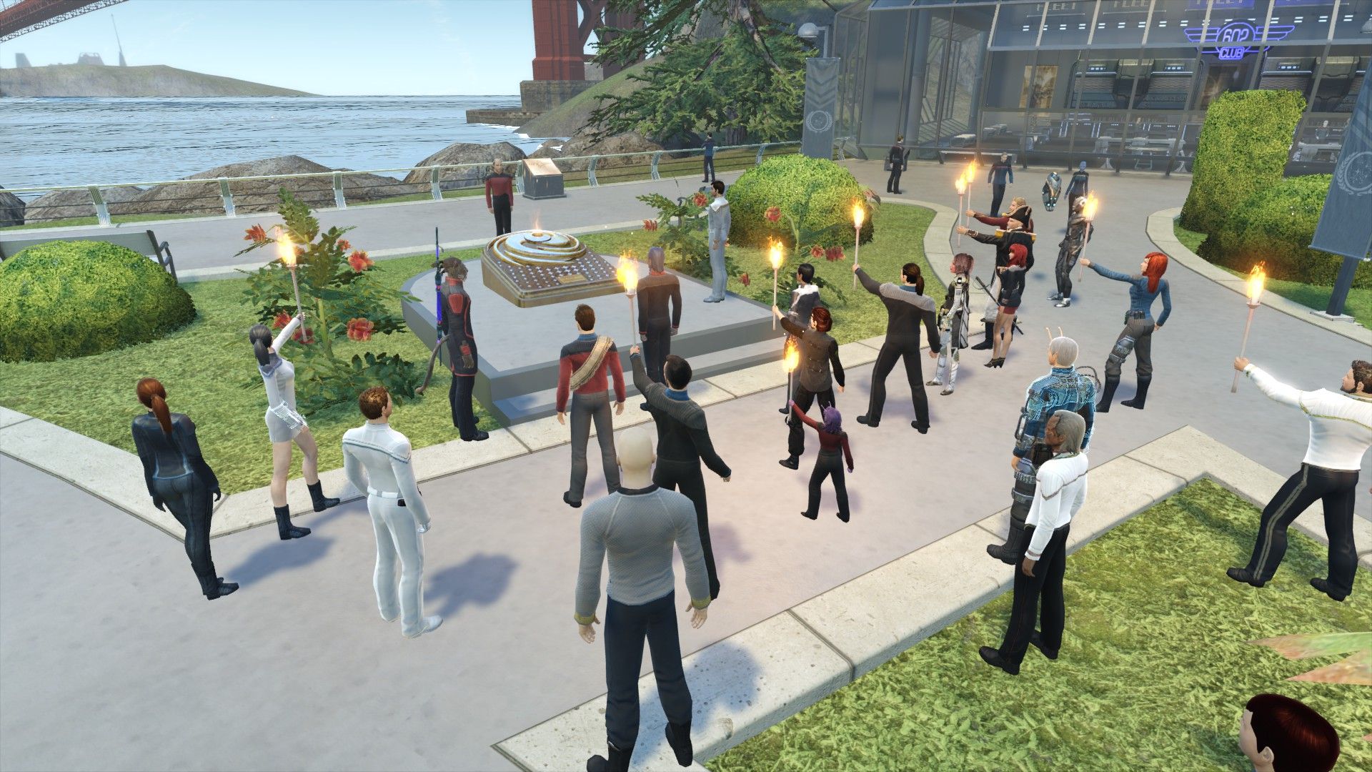 Players assembled for an impromptu Patrick Stewart memorial gathering at the Starfleet Academy in Star Trek Online.