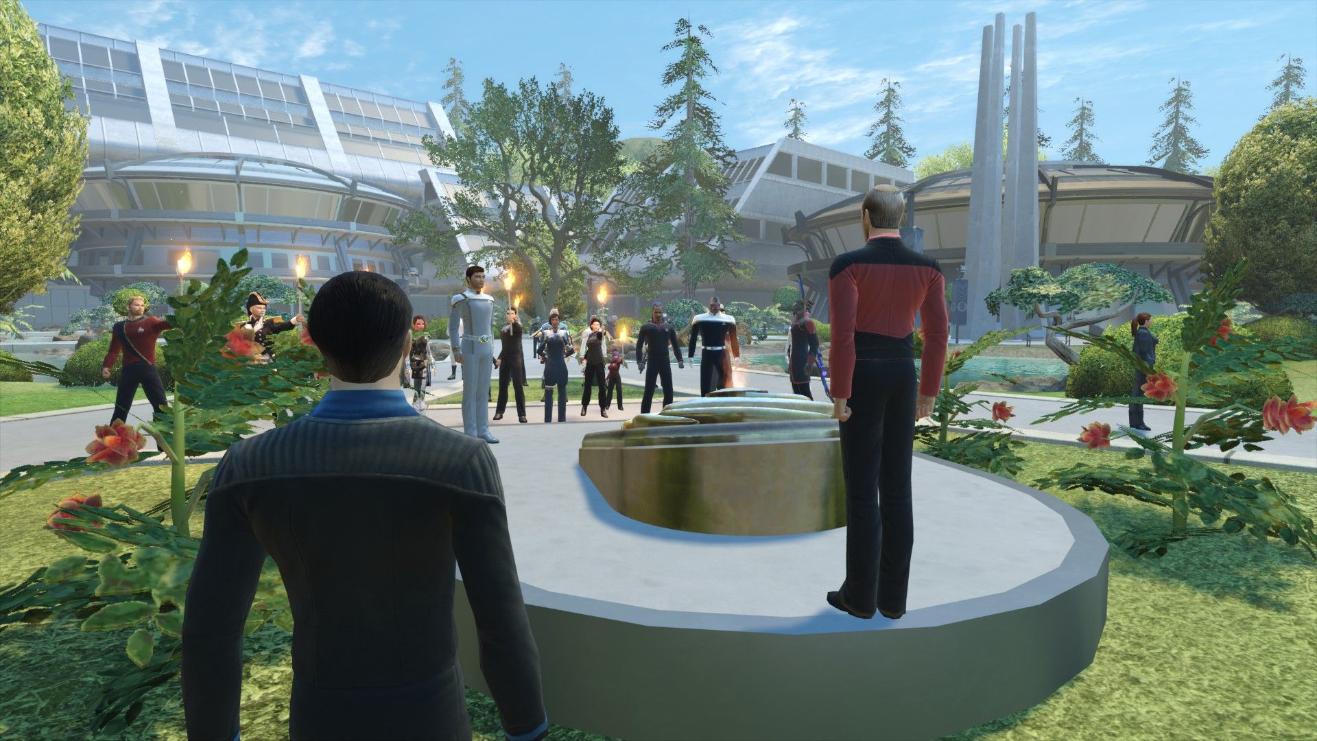 Players assembled for an impromptu Patrick Stewart memorial gathering at the Starfleet Academy in Star Trek Online.