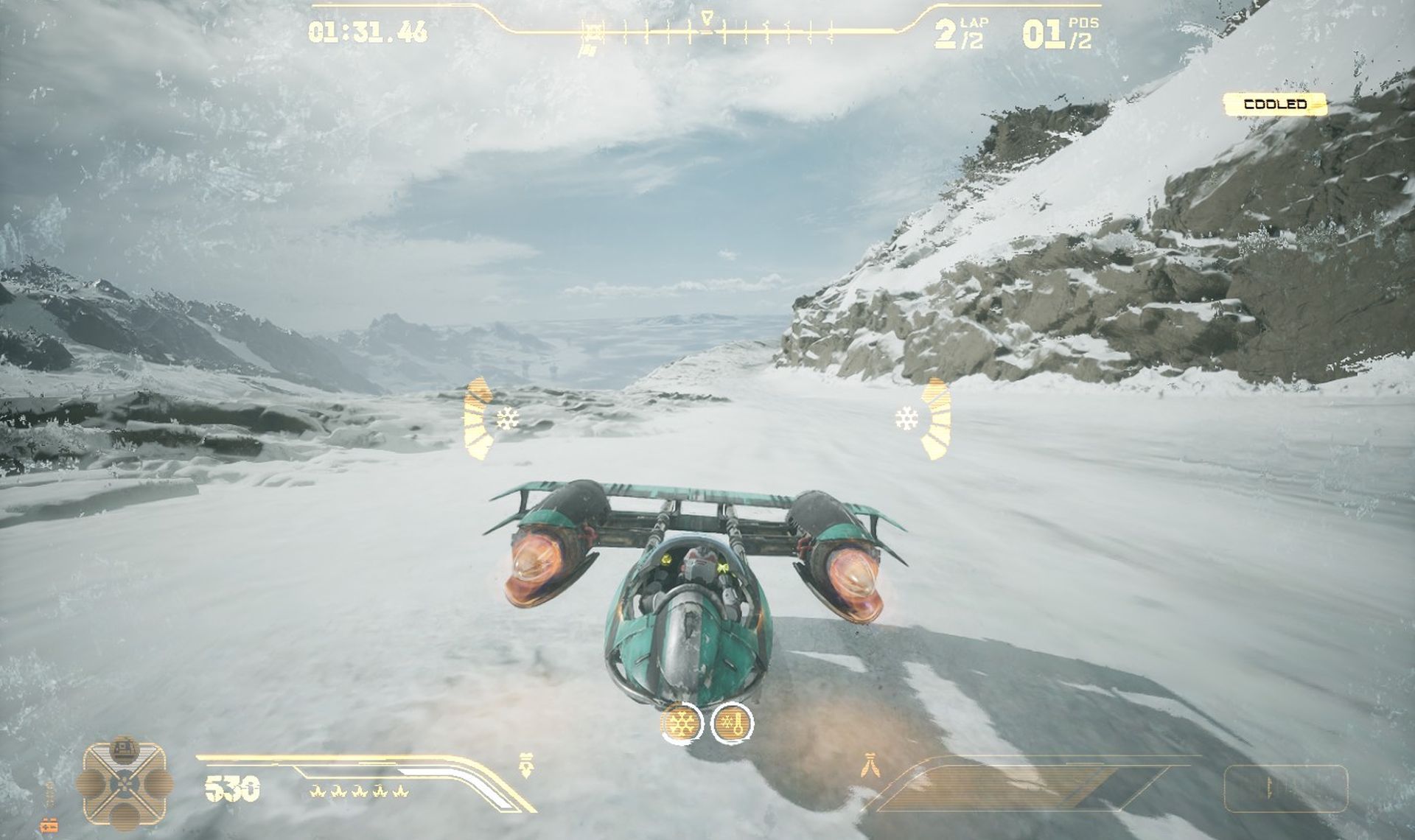 A speeder begins freezing up as indicated by ice on the edges of the screen