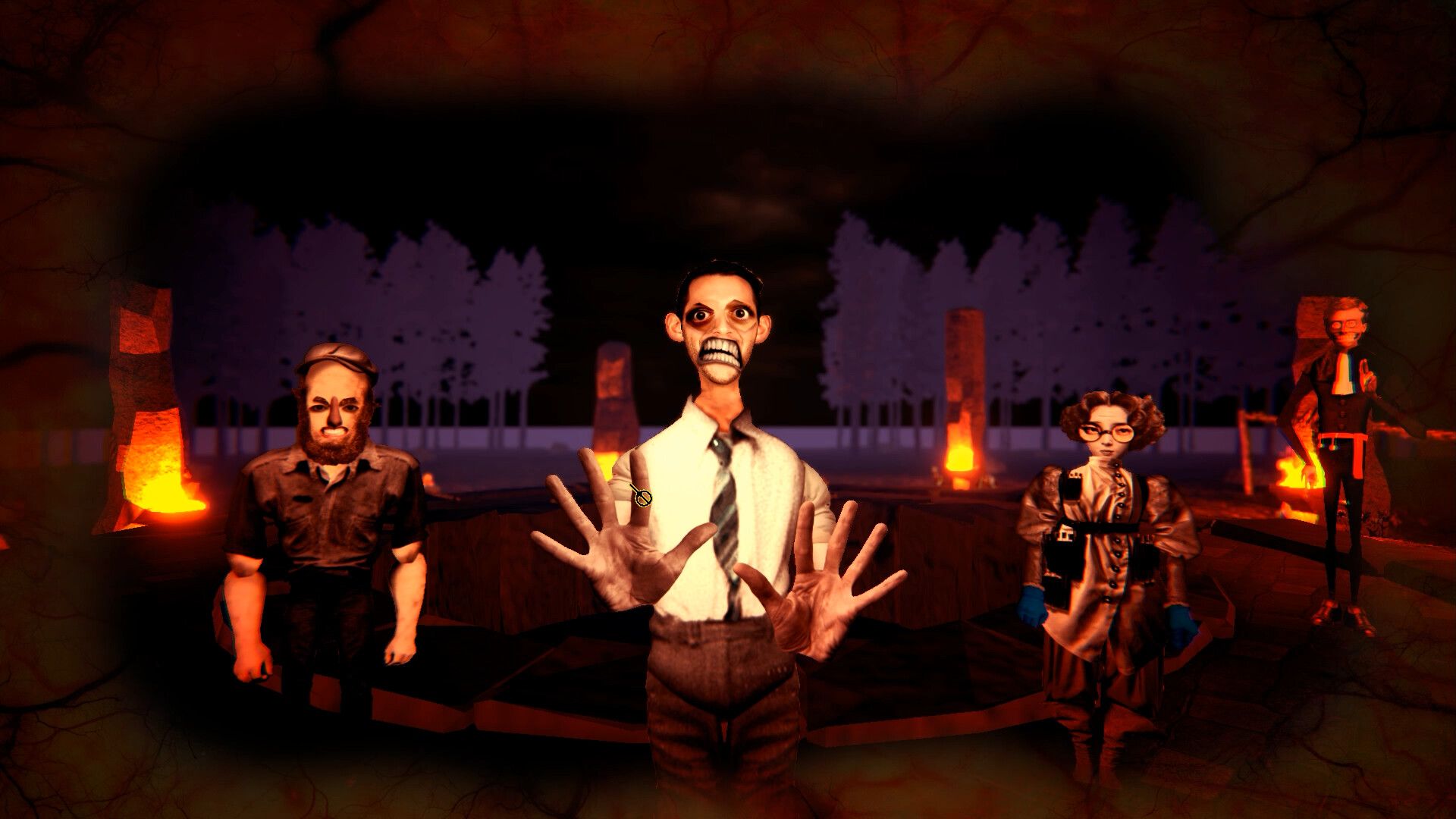 Four unusual figures with strangely proportioned features stand in a dark room