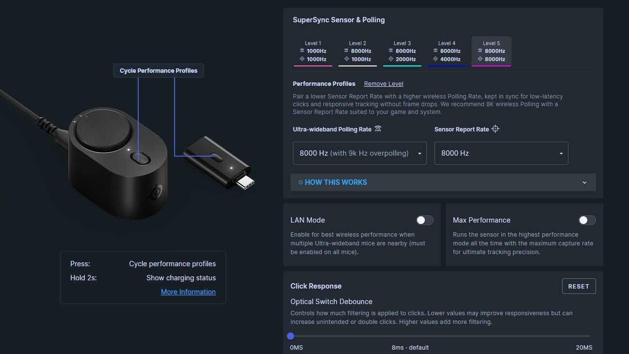 A screenshot of SteelSeries GG software showing dual polling rate options.