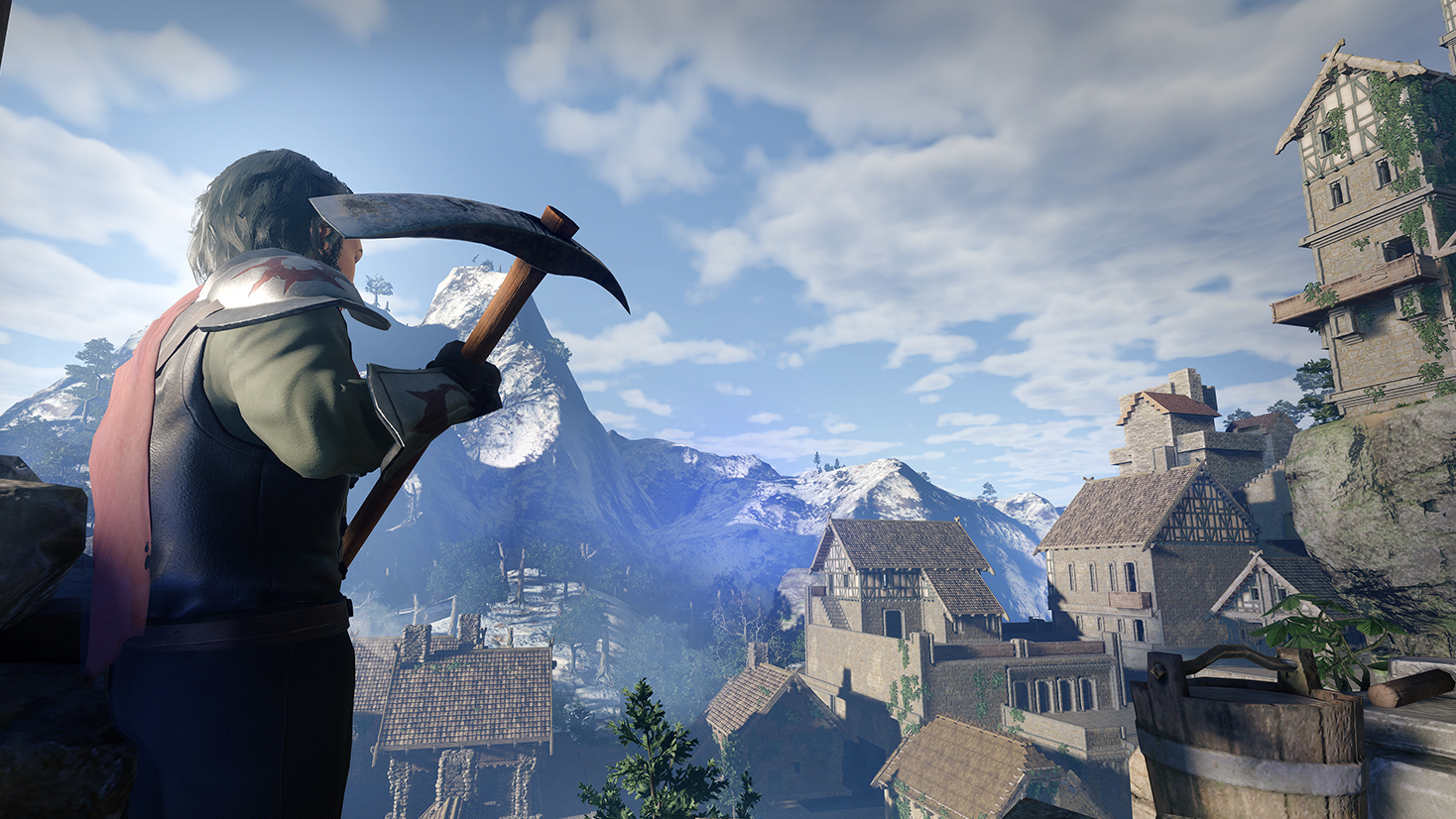Guy with pickaxe looking at village