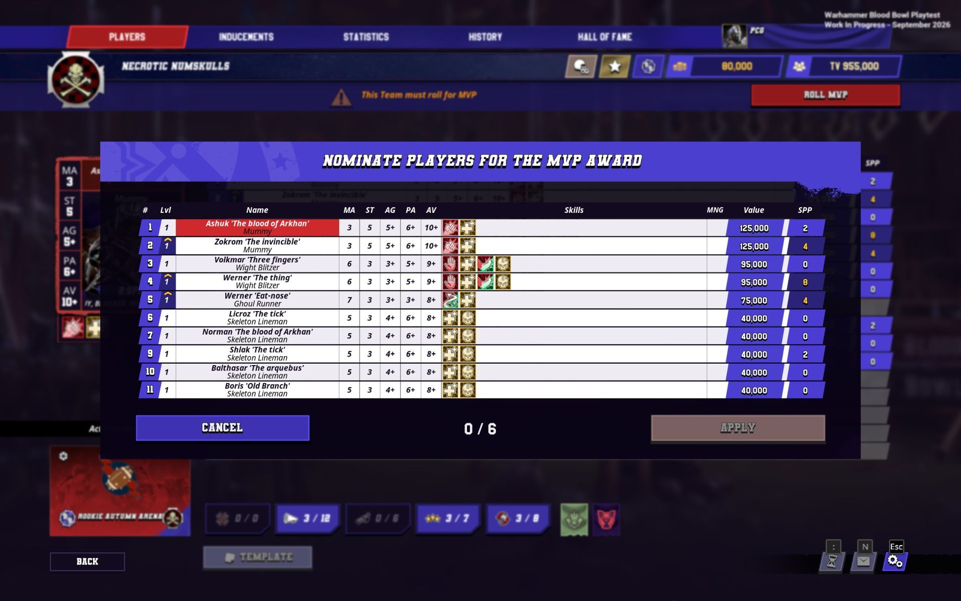 A menu screen from the Warhammer: Blood Bowl playtest beta